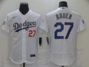 Wholesale Cheap Men's Los Angeles Dodgers #27 Trevor Bauer White Gold Champions Patch Stitched MLB Flex Base Nike Jersey