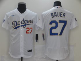 Wholesale Cheap Men\'s Los Angeles Dodgers #27 Trevor Bauer White Gold Champions Patch Stitched MLB Flex Base Nike Jersey