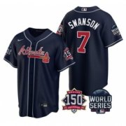 Wholesale Cheap Men Atlanta Braves 7 Dansby Swanson 2021 Navy World Series With 150th Anniversary Patch Cool Base Stitched Jersey