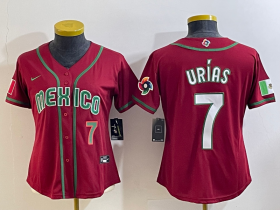 Cheap Women\'s Mexico Baseball #7 Julio Urias Number 2023 Red World Baseball Classic Stitched Jersey