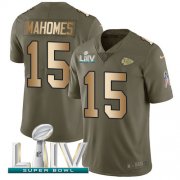 Wholesale Cheap Nike Chiefs #15 Patrick Mahomes Olive/Gold Super Bowl LIV 2020 Youth Stitched NFL Limited 2017 Salute To Service Jersey
