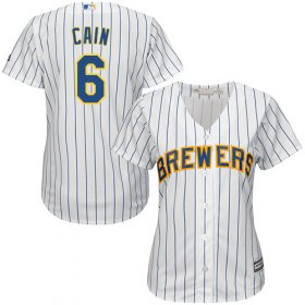 Wholesale Cheap Brewers #6 Lorenzo Cain White Strip Home Women\'s Stitched MLB Jersey
