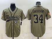 Wholesale Cheap Men's Las Vegas Raiders #34 Bo Jackson 2022 Olive Salute to Service Cool Base Stitched Baseball Jersey