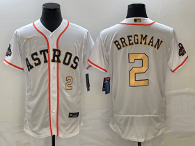 Wholesale Cheap Men\'s Houston Astros #2 Alex Bregman Number 2023 White Gold World Serise Champions Patch Flex Base Stitched Jersey2