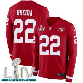 Wholesale Cheap Nike 49ers #22 Matt Breida Red Super Bowl LIV 2020 Team Color Men\'s Stitched NFL Limited Therma Long Sleeve Jersey