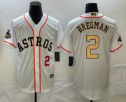 Cheap Men's Houston Astros #2 Alex Bregman Number 2023 White Gold World Serise Champions Patch Cool Base Stitched Jerseys
