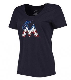 Wholesale Cheap Women\'s Miami Marlins USA Flag Fashion T-Shirt Navy Blue