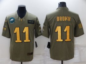 Wholesale Cheap Men\'s Philadelphia Eagles #11 A. J. Brown Olive Gold Salute To Service Limited Stitched Jersey