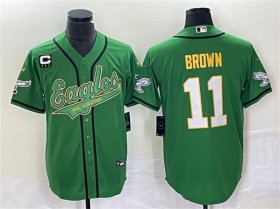 Wholesale Cheap Men\'s Philadelphia Eagles #11 A. J. Brown Green Gold With C Patch Cool Base Baseball Stitched Jersey