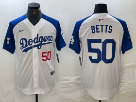 Cheap Men\'s Los Angeles Dodgers #50 Mookie Betts Number White Blue Fashion Stitched Cool Base Limited Jerseys