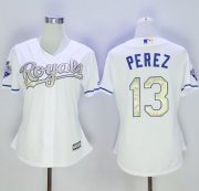 Wholesale Cheap Royals #13 Salvador Perez White 2015 World Series Champions Gold Program Cool Base Women's Stitched MLB Jersey