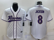 Wholesale Cheap Men's Baltimore Ravens #8 Lamar Jackson White With Patch Cool Base Stitched Baseball Jersey