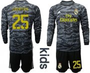 Wholesale Cheap Real Madrid #25 Courtois Black Goalkeeper Long Sleeves Kid Soccer Club Jersey