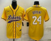 Cheap Men's Los Angeles Lakers #24 Kobe Bryant Number Yellow With Patch Cool Base Stitched Baseball Jersey