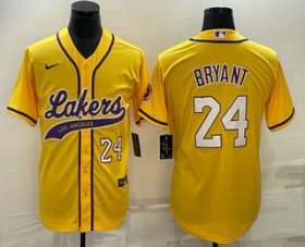 Cheap Men\'s Los Angeles Lakers #24 Kobe Bryant Number Yellow With Patch Cool Base Stitched Baseball Jersey