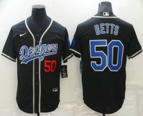 Wholesale Cheap Men\'s Los Angeles Dodgers #50 Mookie Betts Black Blue Name Stitched MLB Cool Base Nike Jersey