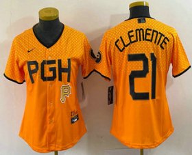 Wholesale Cheap Women\'s Pittsburgh Pirates #21 Roberto Clemente Yellow 2023 City Connect Stitched Jersey1