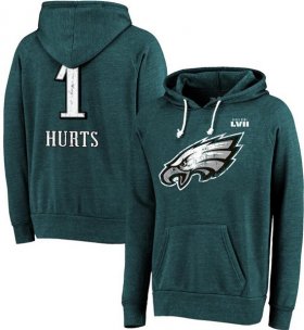 Cheap Men\'s Philadelphia Eagles #1 Jalen Hurts Midnight Green Super Bowl LVII Name & Number Pullover Hoodie