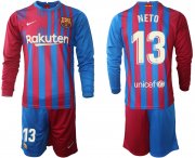 Wholesale Cheap Men 2021-2022 Club Barcelona home red blue Long Sleeve 13 Nike Soccer Jersey