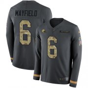 Wholesale Cheap Nike Browns #6 Baker Mayfield Anthracite Salute to Service Men's Stitched NFL Limited Therma Long Sleeve Jersey