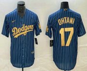 Cheap Men's Los Angeles Dodgers #17 Shohei Ohtani Blue Gold Pinstripe Cool Base Stitched Baseball Jersey