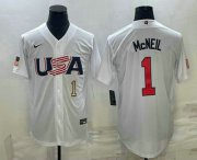 Cheap Mens USA Baseball #1 Jeff McNeil Number 2023 White World Classic Stitched Jersey