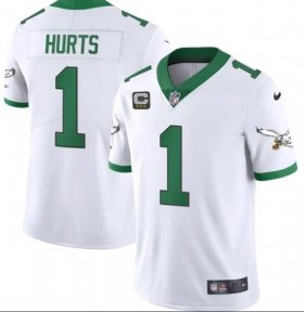 Wholesale Cheap Men\'s Philadelphia Eagles #1 Jalen Hurts White Kelly Green With C Patch Jersey