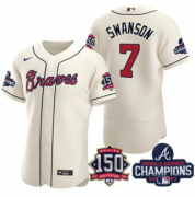 Wholesale Cheap Men's Cream Atlanta Braves #7 Dansby Swanson 2021 World Series Champions With 150th Anniversary Flex Base Stitched Jersey