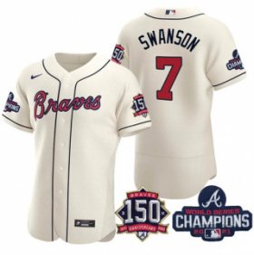 Wholesale Cheap Men\'s Cream Atlanta Braves #7 Dansby Swanson 2021 World Series Champions With 150th Anniversary Flex Base Stitched Jersey
