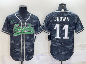Wholesale Cheap Men\'s Philadelphia Eagles #11 AJ Brown Grey Camo With Patch Cool Base Stitched Baseball Jersey