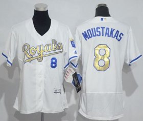 Wholesale Cheap Royals #8 Mike Moustakas White Flexbase Authentic 2015 World Series Champions Gold Program Cool Base Women\'s Stitched MLB Jersey