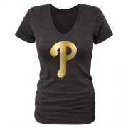 Wholesale Cheap Women's Philadelphia Phillies Fanatics Apparel Gold Collection V-Neck Tri-Blend T-Shirt Black