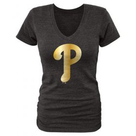 Wholesale Cheap Women\'s Philadelphia Phillies Fanatics Apparel Gold Collection V-Neck Tri-Blend T-Shirt Black