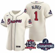 Wholesale Cheap Men's Cream Atlanta Braves #1 Ozzie Albies 2021 World Series Champions With 150th Anniversary Flex Base Stitched Jersey