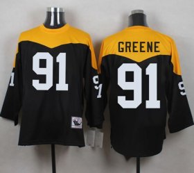 Wholesale Cheap Mitchell And Ness 1967 Steelers #91 Kevin Greene Black/Yelllow Throwback Men\'s Stitched NFL Jersey