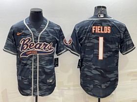 Wholesale Cheap Men\'s Chicago Bears Blank #1 Justin Fields Grey Camo With Patch Cool Base Stitched Baseball Jersey