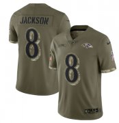 Wholesale Cheap Men's Baltimore Ravens #8 Lamar Jackson 2022 Olive Salute To Service Limited Stitched Jersey