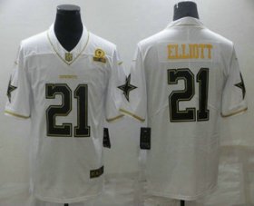 Wholesale Cheap Men\'s Dallas Cowboys #21 Ezekiel Elliott White 60th Patch Golden Edition Stitched NFL Nike Limited Jersey