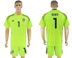 Wholesale Cheap Sweden #1 Olsen Shiny Green Goalkeeper Soccer Country Jersey