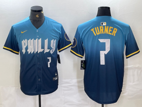 Cheap Men\'s Philadelphia Phillies #7 Trea Turner Number Blue 2024 City Connect Limited Stitched Jersey
