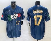 Cheap Men's Los Angeles Dodgers #17 Shohei Ohtani Number Mexico Blue Gold Pinstripe Cool Base Stitched Jersey
