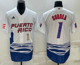 Cheap Men\'s Puerto Rico Baseball #1 Carlos Correa Number White 2023 World Baseball Classic Stitched Jerseys