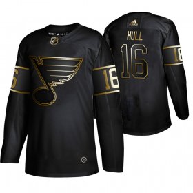 Wholesale Cheap Adidas Blues #16 Brett Hull Men\'s 2019 Black Golden Edition Retired Player Authentic Stitched NHL Jersey