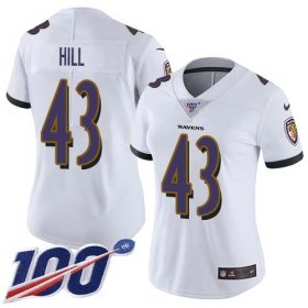 Wholesale Cheap Nike Ravens #43 Justice Hill White Women\'s Stitched NFL 100th Season Vapor Untouchable Limited Jersey