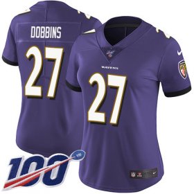 Wholesale Cheap Nike Ravens #27 J.K. Dobbins Purple Team Color Women\'s Stitched NFL 100th Season Vapor Untouchable Limited Jersey