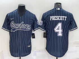 Wholesale Cheap Men\'s Dallas Cowboys #4 Dak Prescott Navy Blue Pinstripe With Patch Cool Base Stitched Baseball Jersey