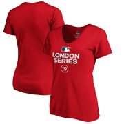Wholesale Cheap MLB Majestic Women's 2019 London Series Primary Logo V-Neck T-Shirt - Red