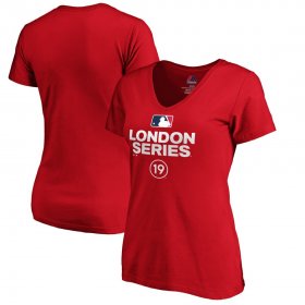 Wholesale Cheap MLB Majestic Women\'s 2019 London Series Primary Logo V-Neck T-Shirt - Red