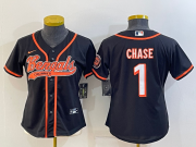 Wholesale Cheap Women's Cincinnati Bengals #1 JaMarr Chase Black With Patch Cool Base Stitched Baseball Jersey