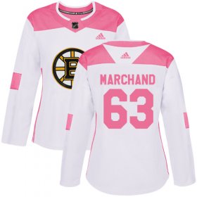 Wholesale Cheap Adidas Bruins #63 Brad Marchand White/Pink Authentic Fashion Women\'s Stitched NHL Jersey